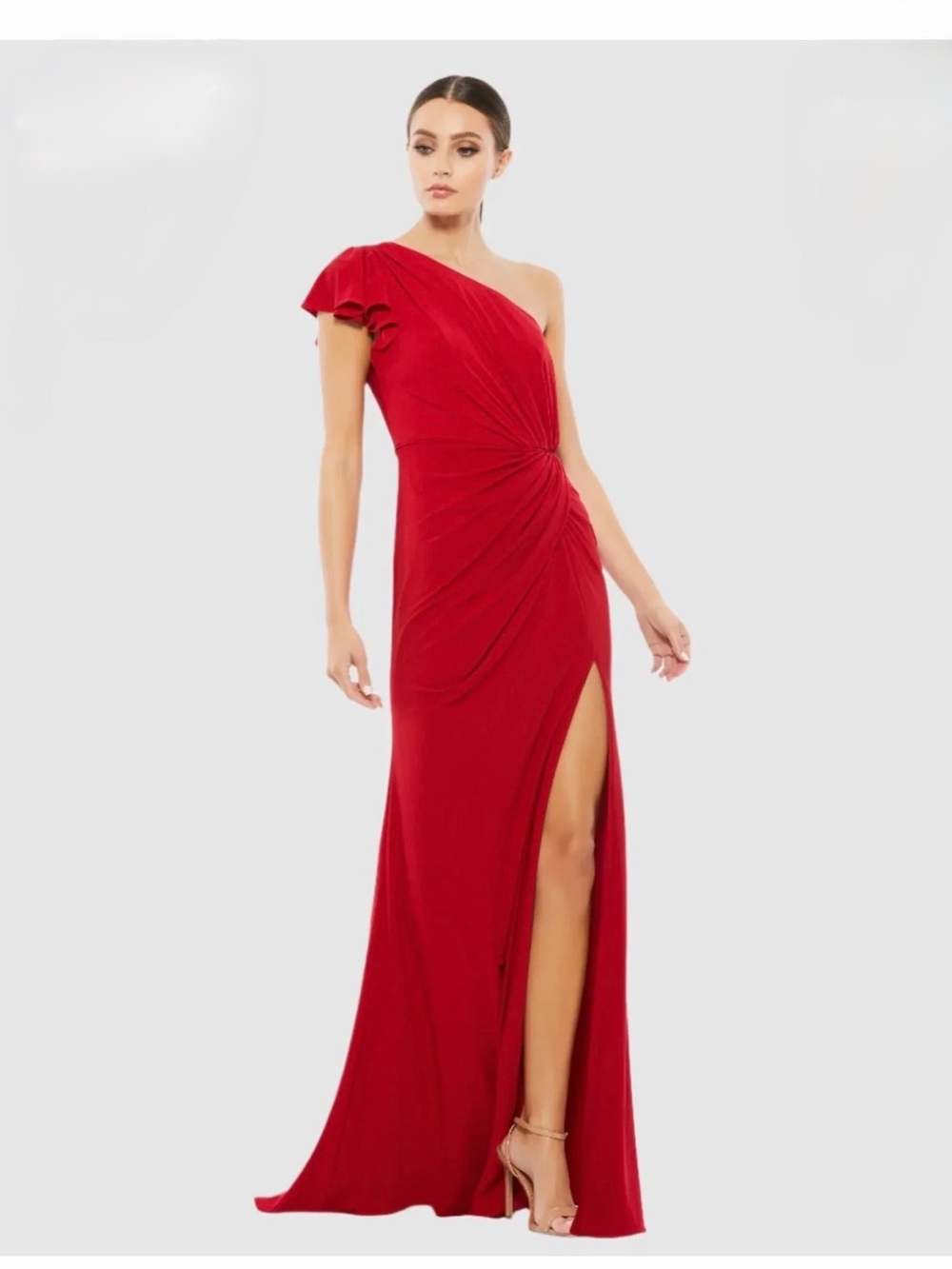 Mac Duggal Red One-Shoulder Evening Gown with High Slit Style 67858